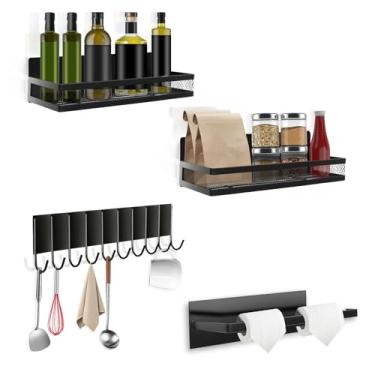 Imagem de Suporte de parede magnético para temperos, prateleiras magnéticas de especiarias com suporte de papel móvel com 10 ganchos organizador de geladeira de metal com design de canto redondo de guarda para