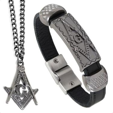 Imagem de GRANADO ACESSÓRIOS, Pulseira Maçonaria + Colar Maçom Kit 2 Peças Couro Preto Legítimo Metal - AM