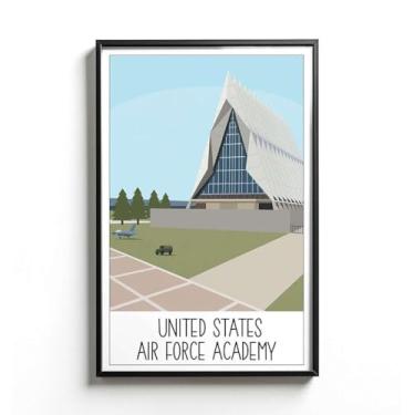 Imagem de LCGifts Pôster da Academia da Força Aérea dos Estados Unidos Colorado - Ilustração da Capela Cadete - Arte de Marco do Campus da Montanha - Decoração de Parede Patriótica Vintage - Design de Pôster de
