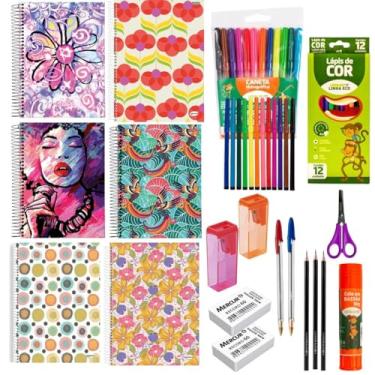 Imagem de Kit Material Escolar Completo com 35 Itens, Cadernos Espirais, 12 Lápis de Cor, 12 Canetinhas, Tesoura, Cola, Apontador, Para Ensino Fundamental e Médio