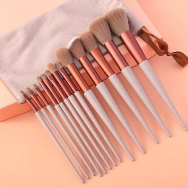 Imagem de Conjunto de pincéis de maquiagem portáteis com 13 peças com cerdas macias e bolsa de armazenamento, ferramentas cosméticas profissionais para sombra e base, marrom avermelhado