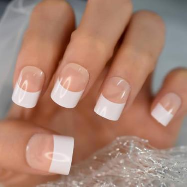 Imagem de Unhas curtas Squoval Press on Nails Clear White French Fake Nails Glossy Full Cover Kit de unhas postiças para mulheres - 24 peças/conjunto