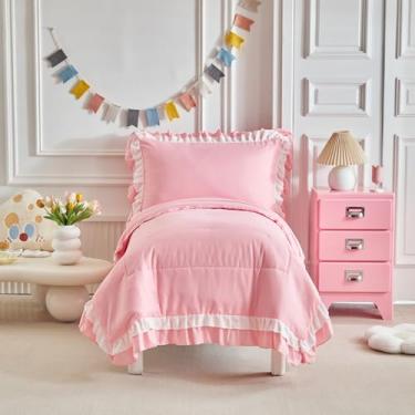 Imagem de Shxime Jogo de cama infantil com 4 peças de camada dupla - franjas de babados rosa e branco - 1 edredom fofo para bebê + 1 lençol com elástico + 1 lençol de cima + 1 fronha para bebês meninos e