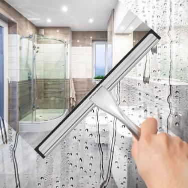 Imagem de Rodo de chuveiro de aço inoxidável para porta de vidro de chuveiro com ganchos adesivos, ferramenta de limpeza de banheiro rodo de espelho de janela doméstica, limpeza de parede de azulejo, carro