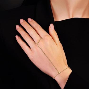 Imagem de Pulseira de corrente de mão dourada com anel para mulheres, joia de mão ajustável com design elegante de elos de charme, moda moderna, Medium, Latão, Sem Pedra Preciosa