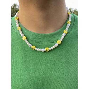 Imagem de Colar de rosto sorridente boêmio com pérolas artificiais, contas amarelas de argila macia, joia hippie ajustável para mulheres, acessório exclusivo de festival