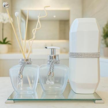 Imagem de Kit Lavabo Difusor Saboneteira Jogo De Banheiro Branco Luxo (Kit Bancada Luxo Branco/Prata)