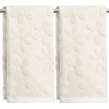 Imagem de Artoid Mode 2 peças bege 3D floral jacquard primavera toalhas de mão para banheiro, 100% algodão macio absorvente toalha de decoração de banheiro, 14,7 x 29,5 polegadas