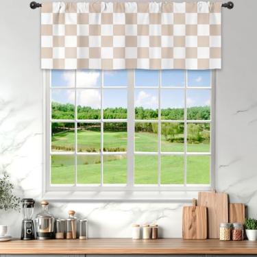 Imagem de Mitpok Cortinas de saia xadrez brancas bege para quarto 132 x 45 cm de altura com bolso de haste vintage abstrato Y2K anos 2000 anos 70 bonito moderno hippie groovy estética 1 painel conjunto de