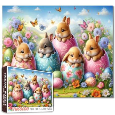 Imagem de Quebra-cabeças fofos de coelhinhos da Páscoa para adultos, 1000 peças, ovos coloridos para noites de jogo, coelho no ovo, quebra-cabeça desafiador de atividades em família, faça você mesmo