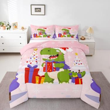 Imagem de Feelyou Conjunto de edredom de dinossauro, solteiro, decoração de Natal, para crianças, meninos, meninas, presente para mulheres, decoração de quarto de microfibra, 2 peças com 1 fronha