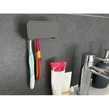 Imagem de Porta Escovas de Dente Parede – Fixação Sem Furo – Suporte Para 4 Escovas + Fita Dupla Face Forte(Cinza,2 Escovas)