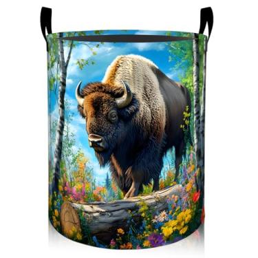 Imagem de Bisão forte na floresta de bétula com cesto de roupa floral 50 x 40 cm, roupas sujas dobráveis à prova d'água, organizador de cesto de roupa suja, cesto de armazenamento de brinquedos para dormitório