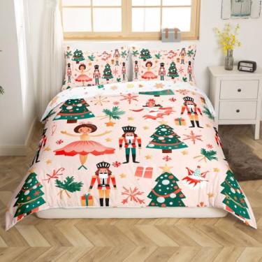 Imagem de Feelyou Jogo de cama de Natal casal quebra-nozes conjunto de capa de edredom para meninos meninas adolescentes capa de edredom decoração de quarto bege e rosa, sem edredom
