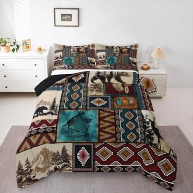Imagem de Conjunto de edredom rústico casal, estilo boêmio, ocidental, retrô, asteca, sudoeste, nativo, fazenda, floresta, vida selvagem, acampamento, decoração de quarto com 2 fronhas