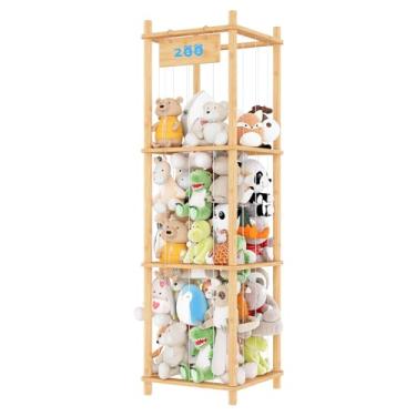Imagem de WRONWA Armazenamento de bichos de pelúcia – Organizador de brinquedos de bambu para quarto de crianças, sala de jogos e berçário | Design fofo de zoológico para arrumar brinquedos de pelúcia, suporte