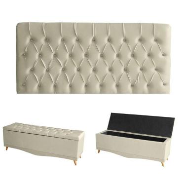 Imagem de Kit Estrela Cabeceira De Cama Painel E Calçadeira Baú Botão Cristal Casal 140 Cm Suede Porcelana Do Lar Móveis E Decora