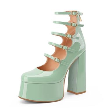 Imagem de Perisis Botas femininas plataforma Mary Janes salto alto bloco grosso cano curto bico fechado botas botas gótico lolita sapatos, Verde menta, 36