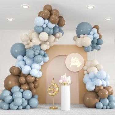 Imagem de Kit premium de arco de balão azul e marrom empoeirado de 136 peças – Balões brancos de areia neutra de 46 cm para chá de bebê de urso, revelação de gênero na floresta, decoração de festa de casamento