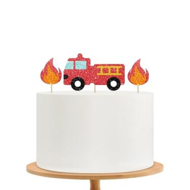 Imagem de Topo de bolo de caminhão de bombeiros, decoração de bolo de aniversário de caminhão de bombeiros, topo de bolo de veículo de emergência com glitter vermelho para aniversário, decoração de festa de chá