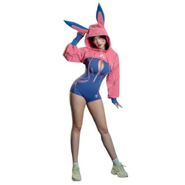 Imagem de Mobbunny Fantasia cosplay derivada de jogos, lingerie sexy, roupa esportiva, estilo cibernético, body com capuz e jaqueta curta (azul, pequena)