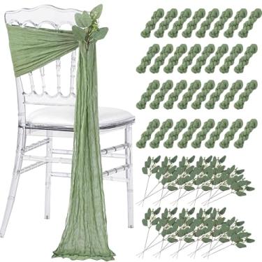 Imagem de SoarDream Faixas de cadeira de casamento verde-sálvia: 32 pacotes de capa de cadeira de gaze com eucalipto artificial - decoração de corredor de hotel para festa de recepção