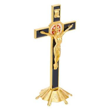 Imagem de UNICRAFTALE Crucifixo dourado de mesa de metal para exibição de cruz de altar em casa, crucifixo de mesa, presentes para decoração de casa, orações, 9,6 x 8 x 20,6 cm