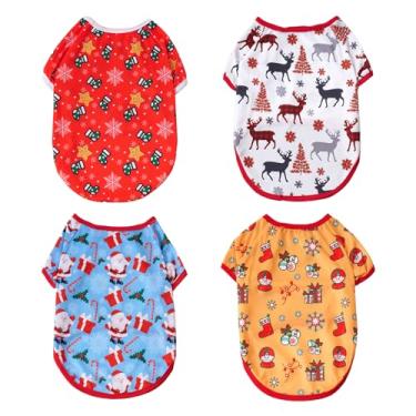 Imagem de Pistha 4 peças de camiseta de cachorro de Natal estampada fofa para animais de estimação roupas para cães e gatos pequenos e médios, P