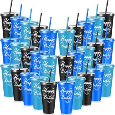 Imagem de Uiifan 30 peças de copos de aniversário lembrancinhas de festa de feliz aniversário presentes de devolução de plástico reutilizável 680 g copos de festa com canudo e tampa para sala de aula prêmio