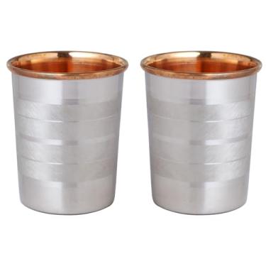 Imagem de ANCIENT IMPEX Conjunto de 2 copos de cobre e aço inoxidável | Cobre puro interno e aço externo | 250 ml (8,45 US Fl Oz) Óculos ayurvédicos de metal duplo para saúde, digestão e imunidade – Padrão de