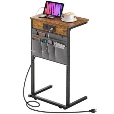 Imagem de Mesa final em forma de C HOOBRO com estação de carregamento rústica ma