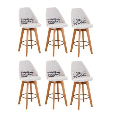 Imagem de Kit 06 Banquetas Alta Maya Giratória Com Encosto Linho Bege Claro e Almofada Linhas Coloridas - Aurora Line