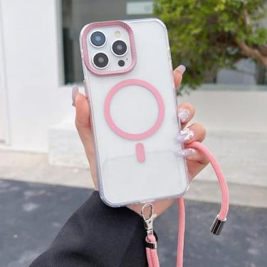 Imagem de Capa transparente magnética para iPhone 17 16 15 11 12 13 14 Pro Max com alça transversal, cordão e proteção anti-perda, rosa, para iPhone 16e