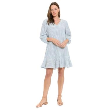 Imagem de London Times Vestido feminino com decote em V e manga 3/4 flare e bainha com babados - Vestidos casuais de verão para chá de bebê, Azul/marfim nº 5, P