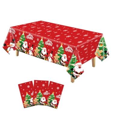Imagem de YQUQWN Toalha de mesa de Natal descartável de plástico com 3 peças, capa de mesa vermelha à prova d'água com Papai Noel, boneco de neve, homem de gengibre, árvore de floco de neve, para decoração de