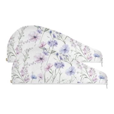 Imagem de SEHANY Toalha de cabelo de microfibra de flores coloridas elegantes para mulheres, 2 peças, turbantes de cabelo de secagem rápida com botão, touca de cabelo seco absorvente toalha de secagem de cabelo