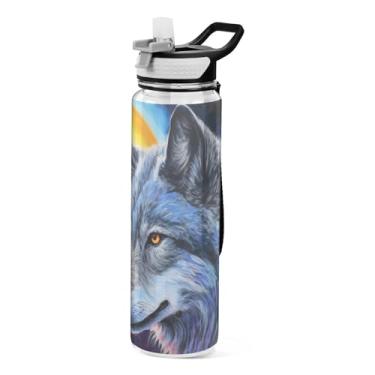 Imagem de ATTX Garrafa de água Sunset Wolf, 947 ml, à prova de vazamento e livre de BPA, garrafas de água reutilizáveis de plástico Tritan para viagens, academia, corrida, fitness #458