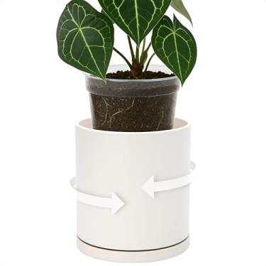 Imagem de D'vine Dev Conjunto de plantador de camada dupla – Cachepot de plástico rotativo com forro interno transparente para a saúde das raízes, perfeito para plantas de interior, 11,4 cm, aveia, 73-U-D-1