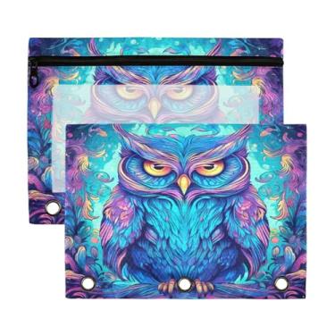 Imagem de Blueangle Bolsa de lápis de coruja neon para fichário de 3 anéis, pacote com 2 bolsas de lápis com janela transparente com zíper para escritório (327)