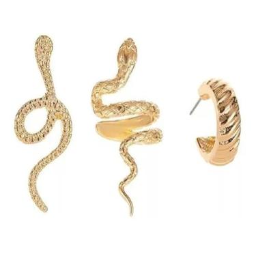 Imagem de Kit 3 Brincos Dourados Femininos em Formato de Cobra e Argola Acessório de Moda
