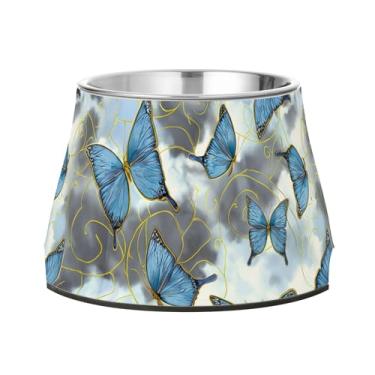 Imagem de SEHANY Tigelas de borboleta fofas para cães antiderrapantes de aço inoxidável com fundo de borracha para evitar tombamento, tigelas elevadas para comida e água quadriculadas para cães e gatos