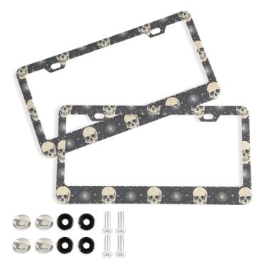 Imagem de SEHANY Molduras de placa de carro vintage rosa crânio, capas de alumínio à prova de ferrugem com furos elípticos e parafusos serve para veículos padrão dos EUA tamanho acessórios de carro para