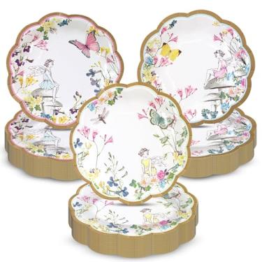 Imagem de Talking Tables 60 pratos de papel de fadas, 3 desenhos bonitos florais e prato de festa de borboleta para meninas, chá de bebê, jardim ou festa de chá, suprimentos vintage de aniversário de fada, chá