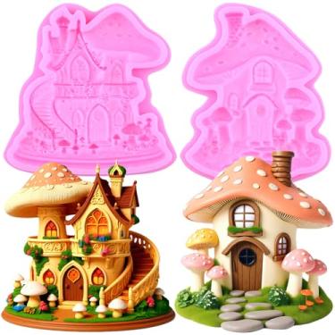 Imagem de MIYAHOUSE Mushroom House Moldes para fondant Moldes de silicone para decoração de bolos, topo de cupcake, pasta de goma de chocolate, argila de polímero, conjunto de 2