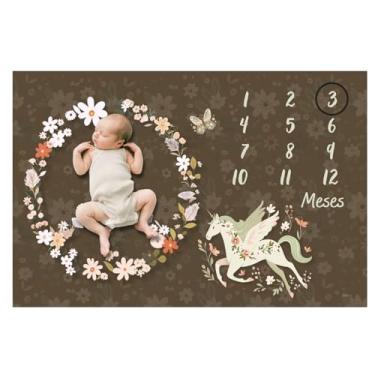 Imagem de Edredom Dupla Face Foto Neném Mêsversário Unicórnio Marrom Edredom Fofinho, Painel para Fotos Mensais, Multiuso, Impressão Digital, Com Marcador MDF