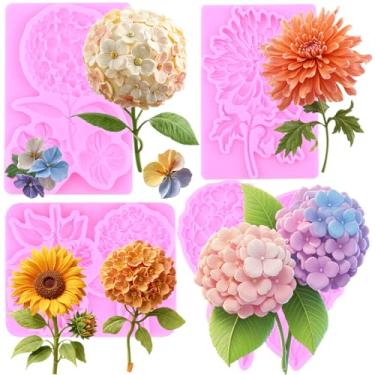 Imagem de MIYAHOUSE Moldes de silicone para fondant de hortênsia para decoração de bolos, topo de cupcake, pasta de goma de chocolate, argila de polímero, conjunto de 4