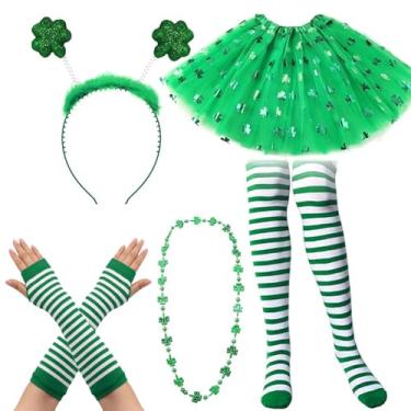 Imagem de Conjunto de fantasia de Dia de São Patrício para mulheres, 4 peças de roupa de duende com faixa de cabeça de trevo, saia tutu de tule de lantejoulas em 3 camadas, luvas aquecedoras de braço, meias