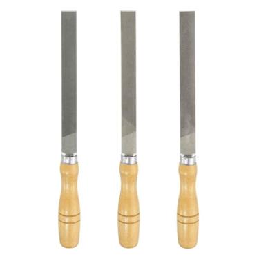Imagem de HARFINGTON 3 limas de corte plano de 15 cm com dentes de corte duplo de aço de alto carbono com cabo de madeira para remoção de rebarbação de madeira de metal