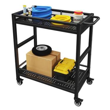 Imagem de Carrinho utilitário de serviço pesado de 136 kg sobre rodas, carrinho utilitário com rolamento de metal com cercas, carrinhos de serviço de 2 níveis para garagem, jardim, armazém, casa de ferramentas