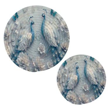 Imagem de Wassud Conjunto de tripé de pavão azul branco para pratos quentes, suportes redondos de algodão, almofadas quentes, porta-copos elegantes, decoração de cozinha e acessórios, 2 peças